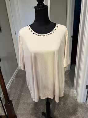 TanJay Light Cream Short Sleeve Tee with Beaded Neckline 2X
